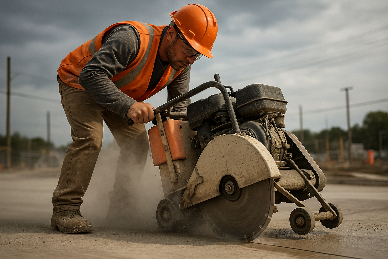 a concrete worker cutting concrete with a walkbehind saw